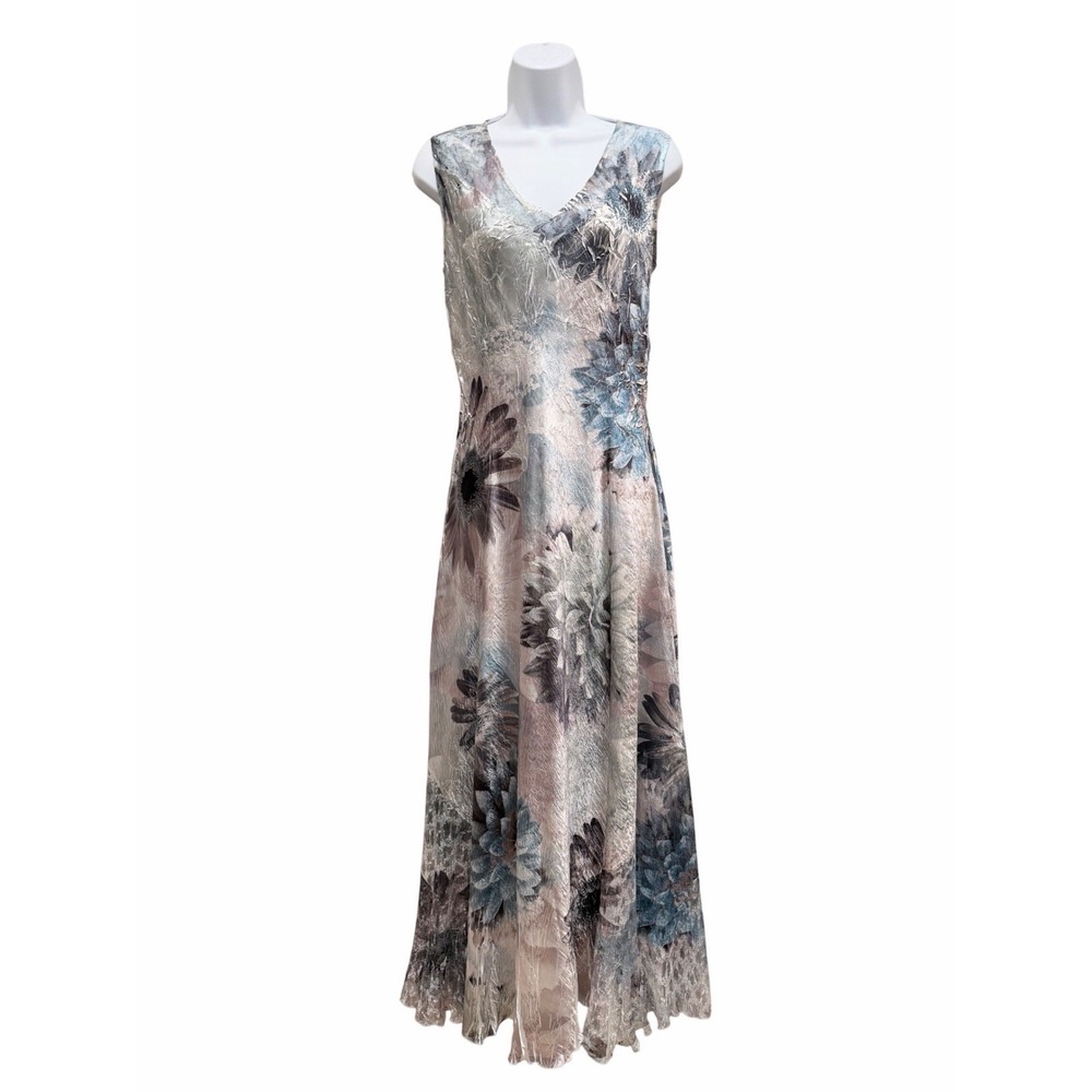 Komarov Charmeuse V-Neck Lace Up Back Crinkle Stretch Bloom Floral Maxi Dress M